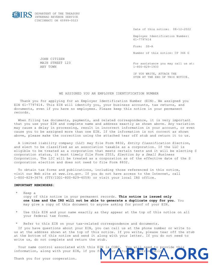 Downloadable USA Internal Revenue Service employee cert version 2 real example